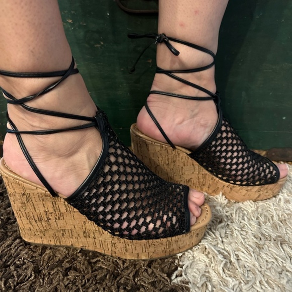 Gladiator Mesh Cork High Heel Wedges